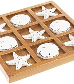 Starfish and Sand Dollar Tic Tac Toe Board 9 Inch White Brown