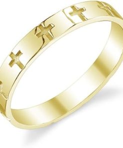 14K Yellow Gold Engraved Cross Wedding Band Ring for Couples 2