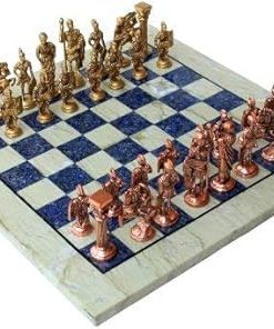 Australian Marble and Lapis Lazuli Chess Board Set with Brass Pieces 2