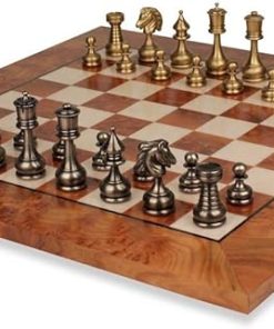 Classic Solid Brass Staunton Chess Set with Elm Burl Board 68 Characters