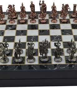 Historical Roman Metal Chess Set with Handmade Pieces and Wooden Board