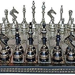 The Chess Empire 14 Inch Castle Carved Chess Board with Brass Pieces Set 2