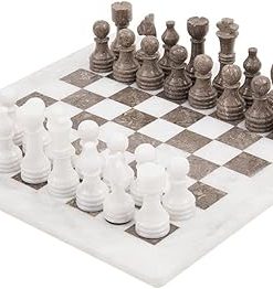 Handmade 15 Inch White and Grey Marble Chess Set for Adults 2 Players