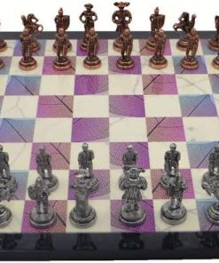 Antique Copper Metal Chess Set with Spanish Royal Guards and Wooden Board