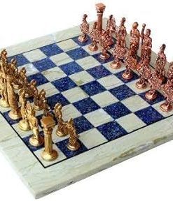 Australian Marble and Lapis Lazuli Chess Board Set with Brass Pieces