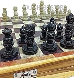 Soap Stone Chess Set with Framed Wooden Board and Velvet Storage Box
