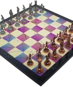 Medium Roman Antique Copper Metal Chess Set with Unique Wooden Board