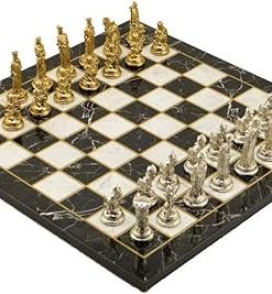 Handmade Metal Chess Set with Troy Spartan Figures and Wooden Board