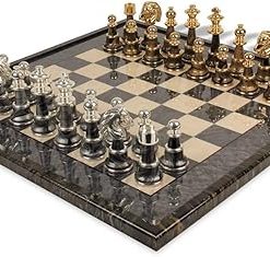 Classic Gold and Silver Staunton Chess Set with Gray Framed Board
