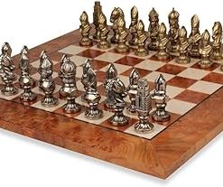 Medieval Metal Chess Set with Elm Burl Board for Classic Gameplay