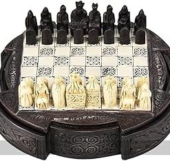 Isle of Lewis Chess Set Compact 9 Inch Resin Cabinet and Chessmen Brown