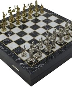 Handmade Metal Chess Set for Adults with Marble Board and Greek Figures