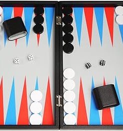 Premium 19-Inch Backgammon Set Black Board with Red and Blue Points