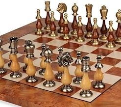 Contemporary Staunton Solid Brass and Wood Chess Set with Elm Burl Board 2