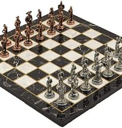 Metal Chess Set with Spanish Royal Guards Figures and Unique Wooden Board