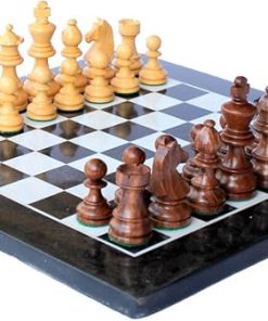 Black and White Marble Chess Board Set with Wooden Pieces 12 Inches
