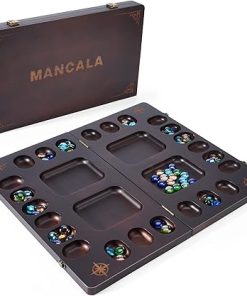 Mancala 4 Player Board Game Set Luxury Wood Folding Board with Glass Beads