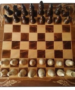 Brown Wooden Chess Set with Checkers Backgammon and Handspindled Pieces