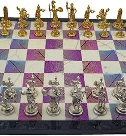 Handmade Metal Chess Set with Greek Zeus Figures and Unique Wooden Board
