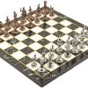 Antique Copper Metal Chess Set with Handmade Roman Figures and Marble Board