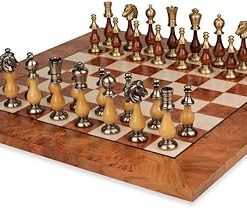 Contemporary Staunton Solid Brass and Wood Chess Set with Elm Burl Board