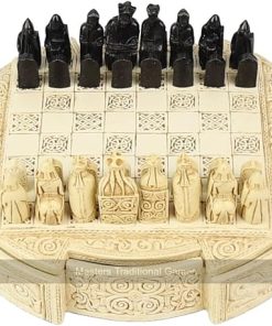 Compact 9 Inch Isle of Lewis Resin Chess Set with Cream Chessmen