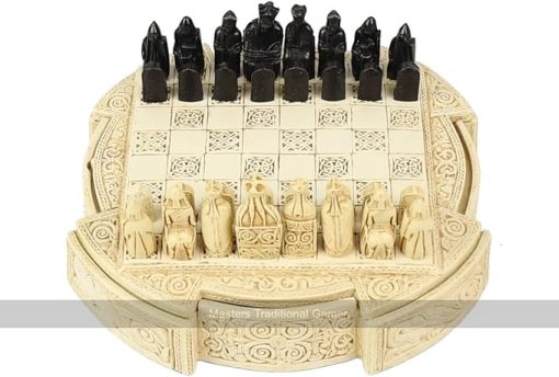 Compact 9 Inch Isle of Lewis Resin Chess Set with Cream Chessmen