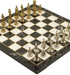 Metal Chess Set for Adults with Handmade Medieval Figures and Wooden Board