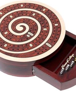 Spiral Shape Cribbage Board with Push Drawer for Pegs and Cards