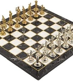 Medium Metal Chess Set with Roman Figures and Unique Wooden Board
