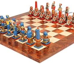 Egyptian Theme Hand Painted Metal Chess Set with Elm Burl Board