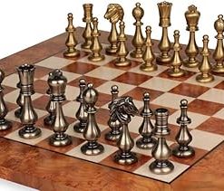 Modern Staunton Solid Brass Chess Set with Elm Burl Chess Board 2