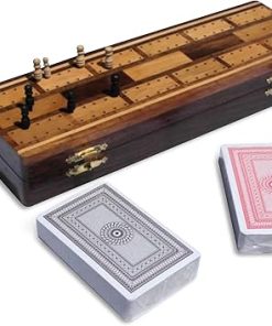 Wooden Cribbage Board with Pegs and Two Packs of Playing Cards Set