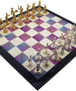 Handmade Metal Chess Set with Greek Zeus Figures and Unique Wooden Board 2