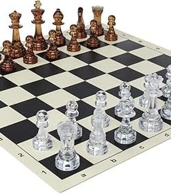 Transparent Chess Set with Black and White Board 17.3 Inches and Chessmen