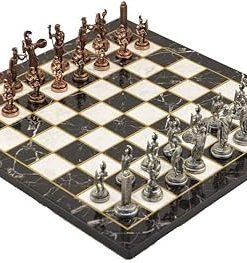Antique Copper Metal Chess Set with Greek Zeus Figures and Wooden Board
