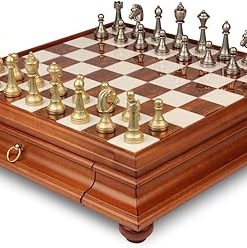 Italian Arabesque Staunton Metal Chess Set with Alabaster Case