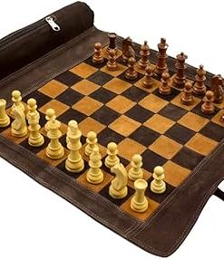 Genuine Leather Chess Set 19×15 with 3 Inch King and Roll-Up Bag