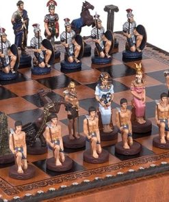 Hand Painted Pewter Roman and Egyptian Chess Set with Italian Board