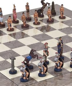 Hand Painted Roman and Egyptian Chessmen with Greenwich Chess Board