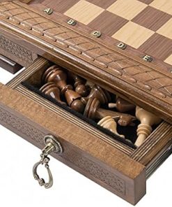 Handmade 19.3 Inch Wood Chess Set with Storage Box and Bronze Symbols 2