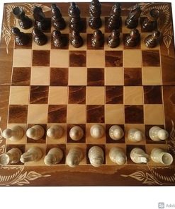 Handmade Brown Beech Wood Chessboard Box Backgammon Draughts Set