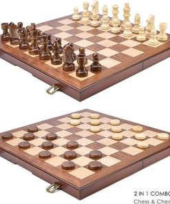 AMEROUS 15 Inch Wooden Chess and Checkers Set with Weighted Pieces 2