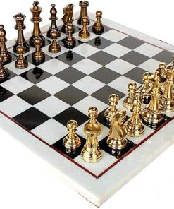 Collectible White Natural Stone Black Marble Chess Board with Brass Pieces 2