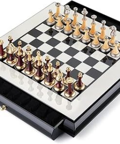Large 16 Inch Wooden Chess Set with Storage Drawers and Extra Queens