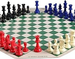 Four Player Chess Set with Triple Weighted Pieces and Vinyl Board