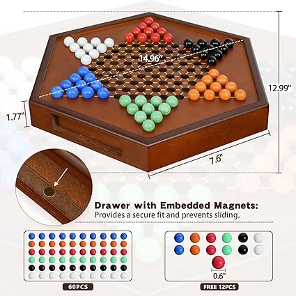 Large Upgraded Wooden Chinese Checkers Game Board with 60 Glass Marbles 2 Large Upgraded Wooden Chinese Checkers Game Board with 60 Glass Marbles - Image 2