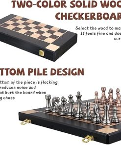 Large 15-Inch Metal Chess Set with Foldable Wooden Board for Travel 2