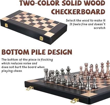 Large 15-Inch Metal Chess Set with Foldable Wooden Board for Travel 2 Large 15-Inch Metal Chess Set with Foldable Wooden Board for Travel - Image 2