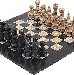 Handmade 15 Inch Marble Chess Set with Black Fossil Coral Board